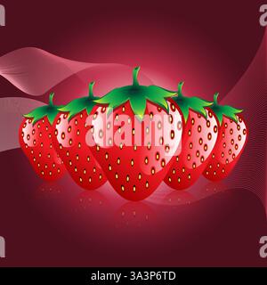 Set of five red strawberries pattern on bokah gradient on waves maroon background 3d shadow. Stock Vector