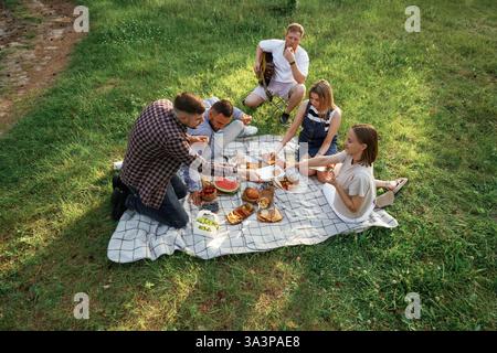 Fresh products, sitting. Group of friends are having picnic on the field with food in eco boxes. Stock Photo