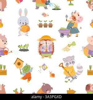Gardening seamless pattern. Spring planting and harvesting time. Seasonal animals gardeners with plants. Fabric print design, nowaday vector Stock Vector