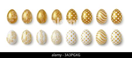 Vector illustration of golden decorated eggs featuring various patterns, ideal for Easter and festive celebrations. High-quality digital art enhances Stock Vector