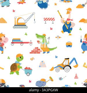 Builders seamless pattern. Funny crocodile goose cow hippo and turtle wear helmets and working with building tools. Animals print, nowaday vector Stock Vector