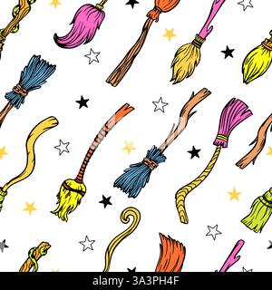 Witch brooms seamless pattern. Wizards witches flying transport, halloween fantasy magic accessories. Fabric wallpaper print design, neoteric vector Stock Vector