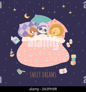 Friends sleep in bed. Cute animals sleeping, chipmunk panda and lion dreams on pillows and blanket. Sweet dreams childish poster, nowaday vector Stock Vector