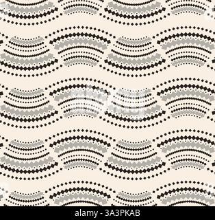 Grey black beige ornamental complex arcs fan seamless pattern on beige background. Symmetric wavy pattern. Stock Vector