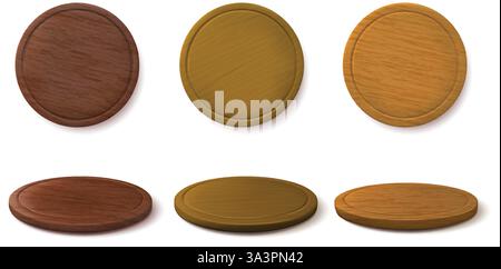Wooden pizza boards. Round chopping board, pizza serving platter and empty circle wood tray 3D side and top views, kitchen tableware with realistic Stock Vector