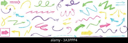 Crayon doodle arrows. Chalk textured pointer, hand drawn squiggle, curly, wavy and zigzag arrow lines. Swirl cursor, dashed guide line and sketch Stock Vector