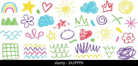 Kids crayon drawings. Hand drawn scrawls, chalk sun doodle, rainbow sketch, scribble star shape, scrawl heart and pastel cloud drawing. Simple child Stock Vector