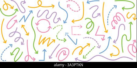 Doodle colorful line arrows. Hand drawn linear and dashed arrow pointers of squiggly, curved, wavy, zigzag and looping paths for direction pointing Stock Vector
