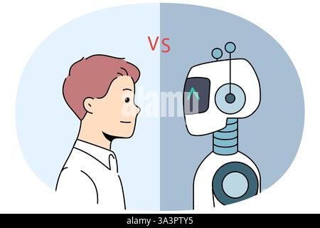 Man competes with robots, not wanting to be left without job due to introduction artificial intelligence technology. Guy feels threat of dismissal associated with robotization and AI robots or cyborgs Stock Vector