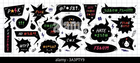 Punk rock speech bubble frames. Grawlix censored swearwords text balloons, hand drawn comic swear word bubbles with cartoon swearing effect, anger Stock Vector