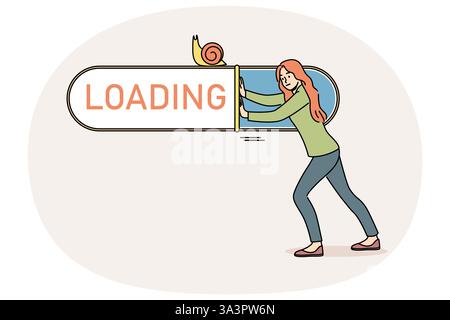 Woman suffers from slow internet and pushes loading bar with snail, needing to connect to 5G network. Problems with internet causing decrease in productivity for completing work tasks Stock Vector