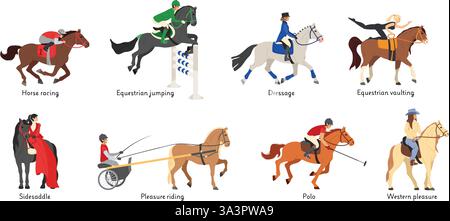 Cartoon equestrian disciplines. Horse racing sport, racehorse with jockey jumping, dressage and vaulting. Sidesaddle, pleasure riding and polo game Stock Vector