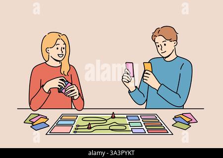 Happy couple playing board game while spending free time together and having fun after working day. Positive men and girl compete in board game, allowing them to get closer and improve mood Stock Vector