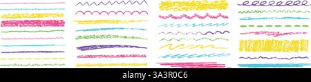 Crayon lines and strokes. Scrawl separator, chalk textured stroke, scribble line divider and hand drawn squiggle border. Straight, curly, wavy and Stock Vector