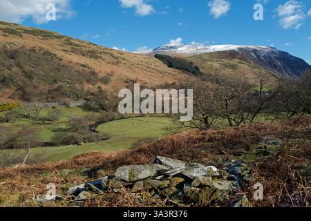 The Carneddau mountain range is in Snowdonia, North Wales. The highest peak seen is Carnedd Dafydd. Also seen is Pen yr Ole Wen mountain. Stock Photo