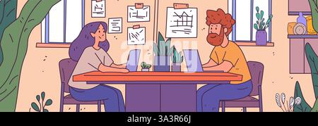 Coworking space teamwork concept two people working on laptops across a table surrounded by plants and wall notes colorful interior design Stock Vector