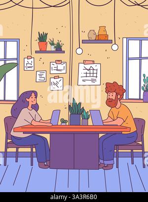Coworking space teamwork concept illustrated with two people working on laptops at a shared table surrounded by plants and decor in a cozy room Stock Vector