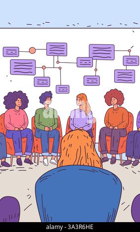 Group discussion concept people sitting in chairs forming a circle with flowchart background diverse individuals casual setting teamwork collaboration Stock Vector
