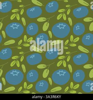 Seamless pattern of blue blueberries and green leaves on a green background, vibrant and fresh Stock Vector