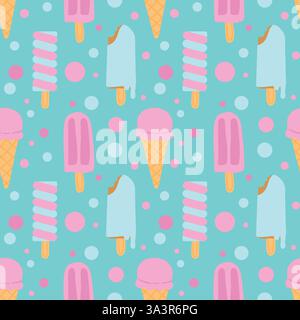 Colorful seamless pattern of ice creams, popsicles, and cones on a pastel blue background Stock Vector