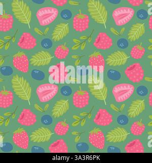 Colorful berry pattern with strawberries, raspberries, blueberries green leaves on green background Stock Vector