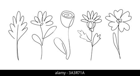 Minimalistic line drawing of various flowers and leaves in black on a white background. Stock Vector