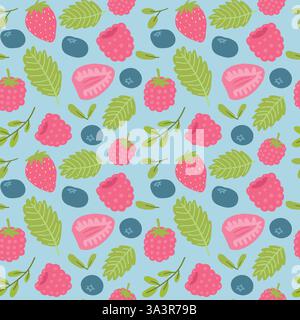 Seamless pattern with strawberries, raspberries, blueberries green leaves on light blue background Stock Vector