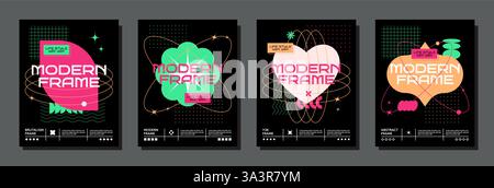 Graphic design elements. Abstract brutal poster. Modern geometric shapes. Y2k stickers. Brutalist figures pattern. Outline grids. Line circles with stars. Retro frames. Vector typography banners set Stock Vector