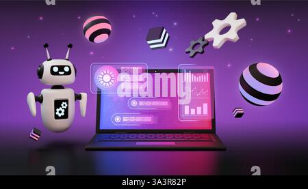 AI robot. 3D tech digital data. Chatbot support agent as artificial intelligence interface. Website infographic in center of laptop. Android assistance. Computer screen. Abstract shape. Vector concept Stock Vector