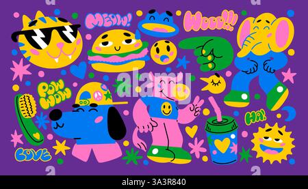Party stickers. Pop art funny abstract collage with emoji shapes. Retro burger. Cute modern characters. Cat and dog faces. Psychedelic elephant. Kitty meow. Vector design cartoon color elements set Stock Vector