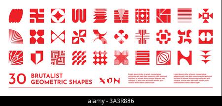 Abstract tech icons. Design logo shapes, modern graphic minimal red form symbol or brutal brand figure. Isolated decorative basic geometry. Simple contemporary silhouettes. Vector elements modern set Stock Vector