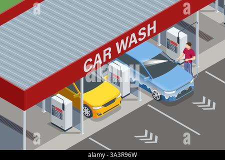 Isometric Self-service car wash. Man washing his car at a self-service car wash using high-pressure hoses. Blue car are covered in dirt and foam. The Stock Vector