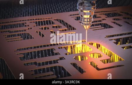 Industrial laser cutter engraving metal sheet with high precision 3d Stock Photo