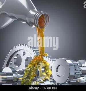 Lubricating oil pouring on industrial gears from plastic bottle 3d Stock Photo