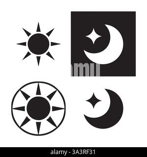 Sun and Moon Symbols, Icon Set, Black Silhouettes Stock Vector