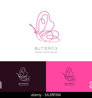 Abstract pink monoline butterfly icon, logo sign emblem design template. Vector illustration. Concept for spa beauty salon, cosmetics brand label, jew Stock Vector
