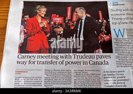 Mark 'Carney meeting with Trudeau paves way for transfer of power in Canada' Guardian newspaper headline Canadian politics article 11 March 2025 UK Stock Photo