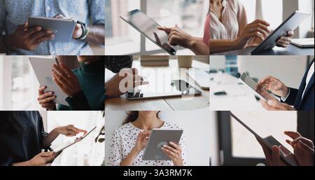 Different people using digital tablets, multiple collage close up view Stock Photo