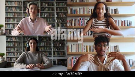 Split-screen collage four multiethnic students engaged in online class Stock Photo