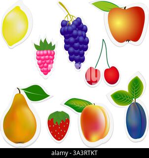 Set of stickers fruits and berries. Stock Vector