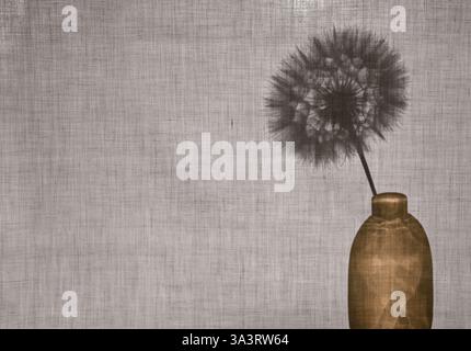 Abstract background. Silhouette of a dandelion in a vase behind a cotton fabric. Summer or autumn concept, copy space. Stock Photo