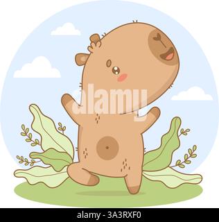 Cute Capybara sportsman doing Pilates in nature. Playful charming cartoon kawaii character animal yogi. Vector illustration. Kids collection Stock Vector