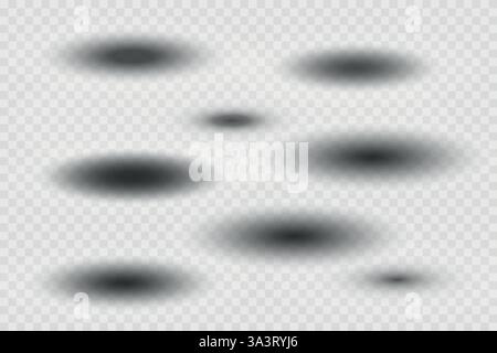 Different realistic round shadow, soft shapes on transparent background. Gray circular and ellipse shadows set. Vector illustration Stock Vector