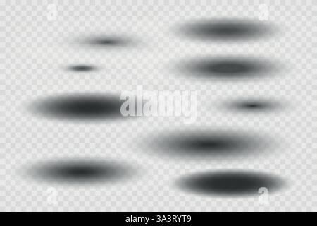 Different realistic round shadow, soft shapes on transparent background. Gray circular and ellipse shadows set. Vector illustration Stock Vector