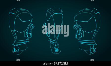 Stylized vector illustrations of a powerful outboard motor Stock Vector