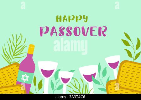 Happy Passover. Festive food ,wine, matzah for Pesach. Vector illustration  Stock Vector