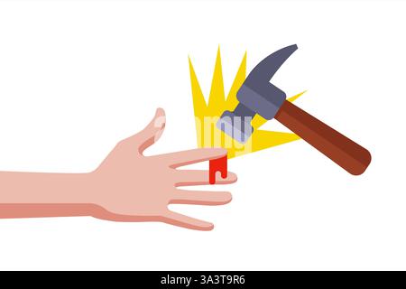 Hitting finger with hammer. Flat illustration Stock Vector