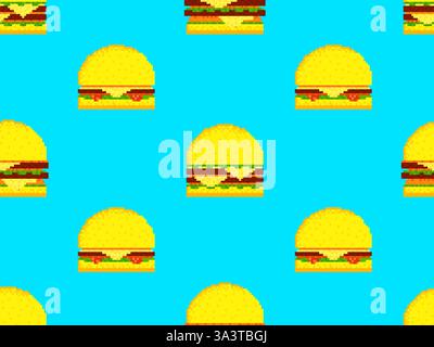 Seamless pattern with hamburgers and cheeseburgers in pixel art style. Pixel fast food, cheeseburgers with double cutlets in 8-bit retro video game st Stock Vector