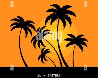 Evening landscape with palm trees. Silhouettes of palm trees at sunset. Tropical summer landscape. Design for advertising brochures, banners, posters, Stock Vector