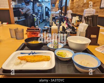 Grilled salmon set meal at a Japanese fast food restaurant in Tokyo. Stock Photo